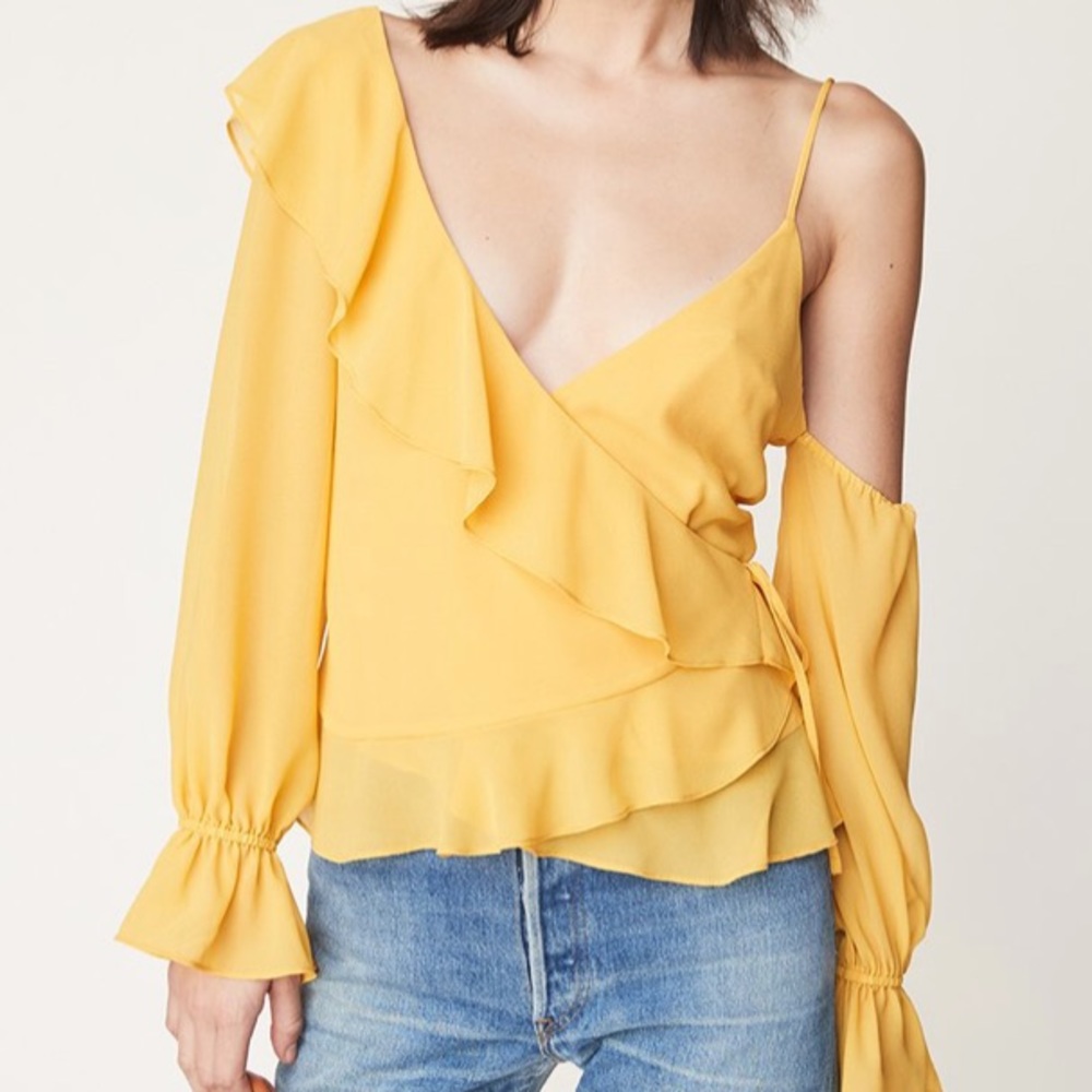 LPA Asymmetrical Ruffle Wrap Top Golden Yellow Sml - Picture 2 of 7